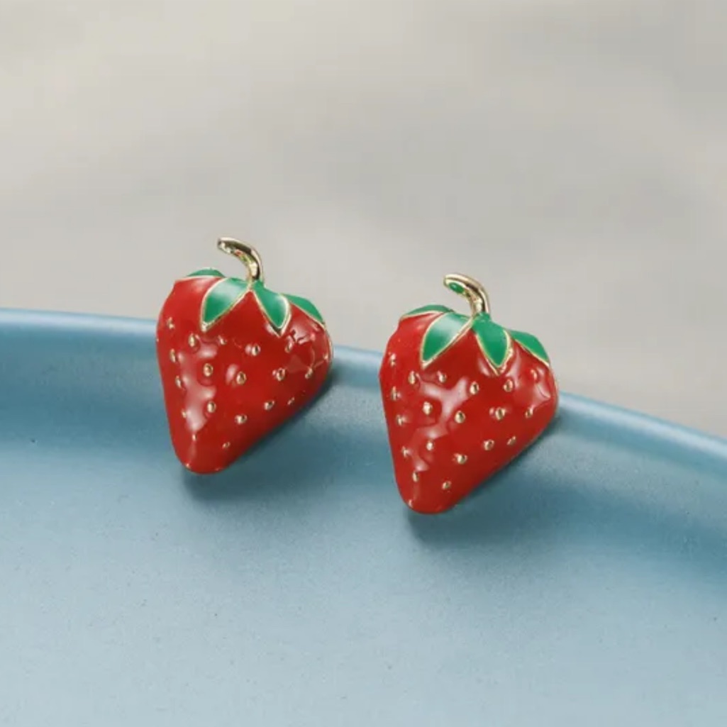 Gold Strawberry Enamel Stud Earrings
